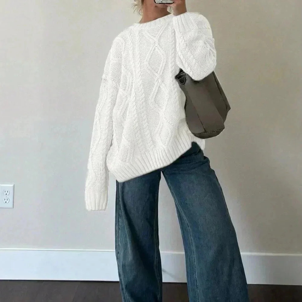 White Casual Women's Deep Round Neck Cable Knit Loose Pullover Sweater - Picture 2 of 7